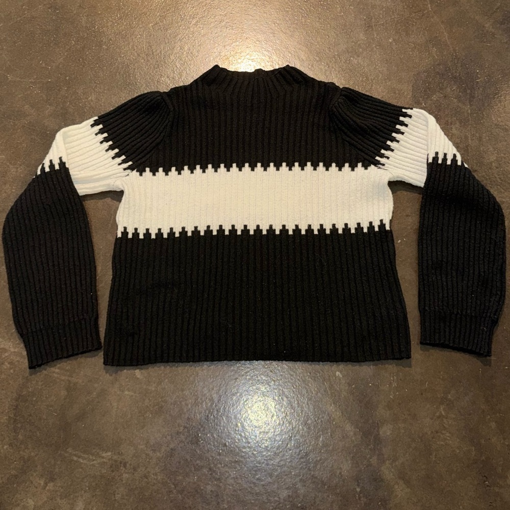 Chloe + Jasmine Black & White Zigzag Stripe Ribbed Knit Mock Neck Sweater